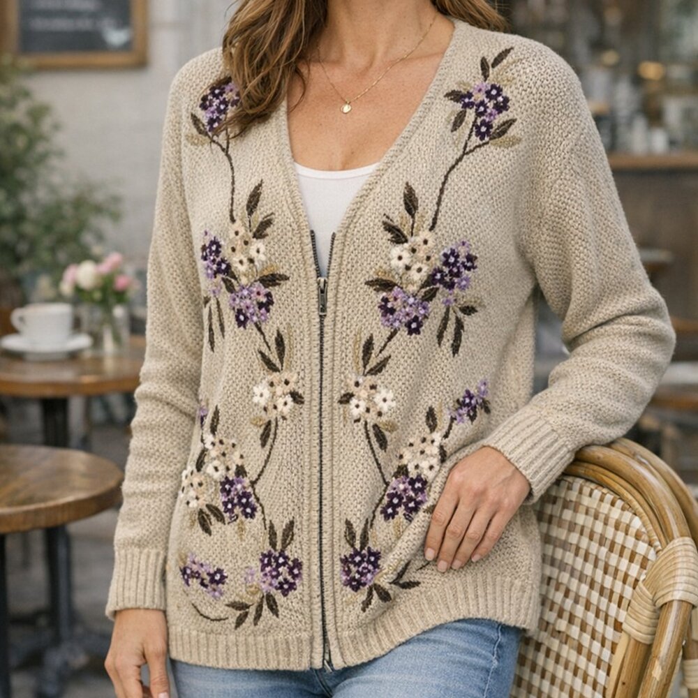 Alfred Dunner Floral Embroidered Textured Knit Zip Cardigan Sweater M - Picture 11 of 11